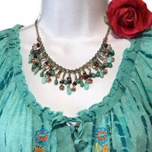 NECKLACE Coastal Cowgirl Beads teal rust green aqua & silver hippie boho NWOT